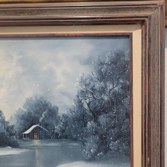 Vtg Oil Painting 25"x21" Canvas Snow Cabin stream Trees Water Sgn BD Pollard '93 - Picture 10 of 16